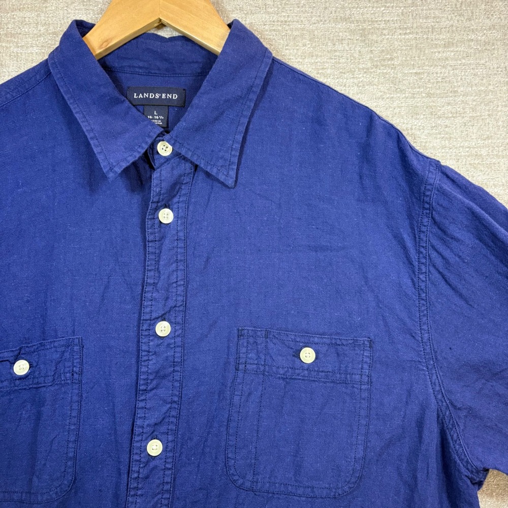 Lands End Men Traditional Fit Long Sleeve Linen Shirt Deep Sea Blue LG Button Up